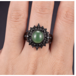 Oval Green Cabochon Sunburst Ring with Black Cubic Zirconia - 图片 2