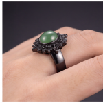 Oval Green Cabochon Sunburst Ring with Black Cubic Zirconia - 图片 5