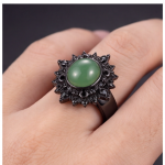 Oval Green Cabochon Sunburst Ring with Black Cubic Zirconia - 图片 8