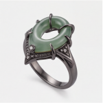 Green Jade Donut Ring with Black Pave Accents in Gunmetal Tone