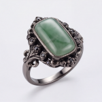 Rectangular Green Jade Ring with Filigree Frame in Antiqued Gunmetal
