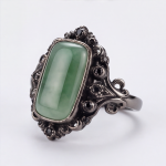 Rectangular Green Jade Ring with Filigree Frame in Antiqued Gunmetal - 图片 3