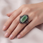 Rectangular Green Jade Ring with Filigree Frame in Antiqued Gunmetal - 图片 8