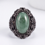 : Oval Green Jade Ring with Pierced Filigree Gallery in Gunmetal Tone - Image 3