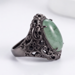 : Oval Green Jade Ring with Pierced Filigree Gallery in Gunmetal Tone - Image 4