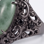 : Oval Green Jade Ring with Pierced Filigree Gallery in Gunmetal Tone - Image 6