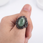 : Oval Green Jade Ring with Pierced Filigree Gallery in Gunmetal Tone - Image 5