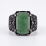 Men's Emerald-Cut Green Jade Ring with Black Pave in Gunmetal Tone - Image 7