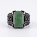 Men's Emerald-Cut Green Jade Ring with Black Pave in Gunmetal Tone - Image 3