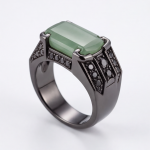 Men's Emerald-Cut Green Jade Ring with Black Pave in Gunmetal Tone