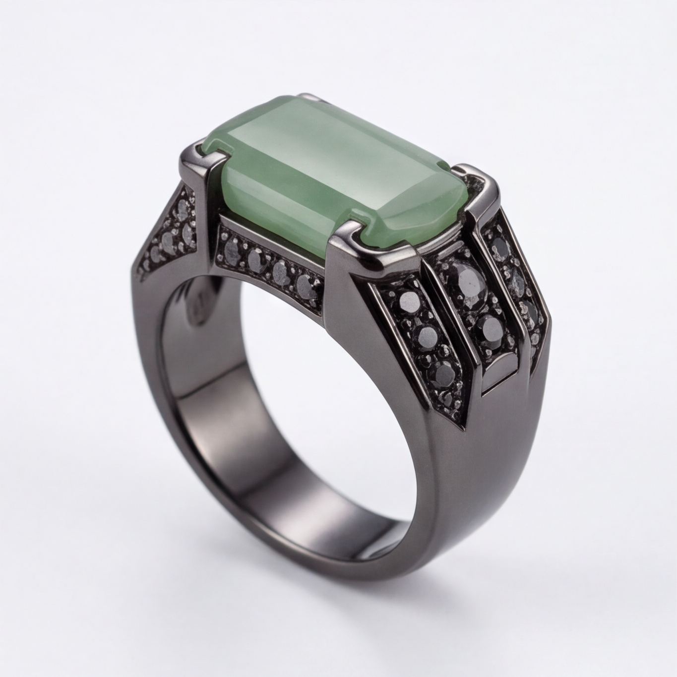 1786351973_2817b930-4 Men's Emerald-Cut Green Jade Ring with Black Pave in Gunmetal Tone - Image 1