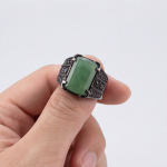 Men's Emerald-Cut Green Jade Ring with Black Pave in Gunmetal Tone - Image 5