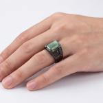 Men's Emerald-Cut Green Jade Ring with Black Pave in Gunmetal Tone - Image 8