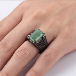 Men's Emerald-Cut Green Jade Ring with Black Pave in Gunmetal Tone - Image 2