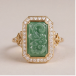 Carved Green Jade Plaque Ring with Cubic Zirconia Halo in Gold Tone - Image 10