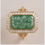 Carved Green Jade Plaque Ring with Cubic Zirconia Halo in Gold Tone - Image 6