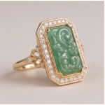 Carved Green Jade Plaque Ring with Cubic Zirconia Halo in Gold Tone