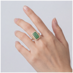 Carved Green Jade Plaque Ring with Cubic Zirconia Halo in Gold Tone - Image 5