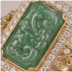 Carved Green Jade Plaque Ring with Cubic Zirconia Halo in Gold Tone - Image 9