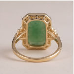 Carved Green Jade Plaque Ring with Cubic Zirconia Halo in Gold Tone - Image 4