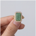 Carved Green Jade Plaque Ring with Cubic Zirconia Halo in Gold Tone - Image 8