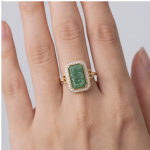 Carved Green Jade Plaque Ring with Cubic Zirconia Halo in Gold Tone - Image 2