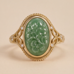 Oval Carved Green Jade Ring with Filigree Shoulders in Gold Tone - Image 9
