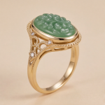 Oval Carved Green Jade Ring with Filigree Shoulders in Gold Tone