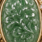 Oval Carved Green Jade Ring with Filigree Shoulders in Gold Tone - Image 7
