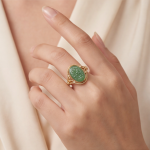 Oval Carved Green Jade Ring with Filigree Shoulders in Gold Tone - Image 5