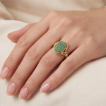 Oval Carved Green Jade Ring with Filigree Shoulders in Gold Tone - Image 8