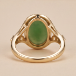 Oval Carved Green Jade Ring with Filigree Shoulders in Gold Tone - Image 6