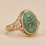 Oval Carved Green Jade Ring with Filigree Shoulders in Gold Tone - Image 3