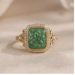 Cushion Carved Green Jade Ring with Cubic Zirconia Halo in Gold Tone - Image 6