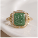 Cushion Carved Green Jade Ring with Cubic Zirconia Halo in Gold Tone - Image 3