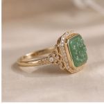 Cushion Carved Green Jade Ring with Cubic Zirconia Halo in Gold Tone - Image 4
