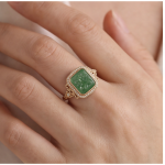 Cushion Carved Green Jade Ring with Cubic Zirconia Halo in Gold Tone - Image 5