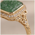 Cushion Carved Green Jade Ring with Cubic Zirconia Halo in Gold Tone - Image 7