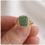 Cushion Carved Green Jade Ring with Cubic Zirconia Halo in Gold Tone - Image 8