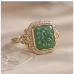 Cushion Carved Green Jade Ring with Cubic Zirconia Halo in Gold Tone