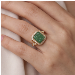 Cushion Carved Green Jade Ring with Cubic Zirconia Halo in Gold Tone - Image 2