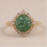 Round Carved Green Jade Ring with Crowned Halo in Gold Tone - Image 6