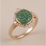 Round Carved Green Jade Ring with Crowned Halo in Gold Tone