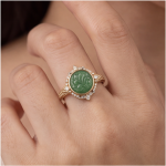 Round Carved Green Jade Ring with Crowned Halo in Gold Tone - Image 5