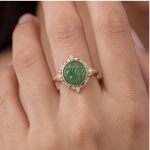 Round Carved Green Jade Ring with Crowned Halo in Gold Tone - Image 2