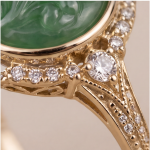 Round Carved Green Jade Ring with Crowned Halo in Gold Tone - Image 9
