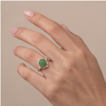 Round Carved Green Jade Ring with Crowned Halo in Gold Tone - Image 8