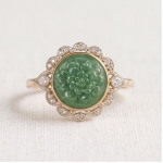Carved Jade Flower Ring with Scalloped Cubic Zirconia Halo in Two-Tone Gold - Image 3