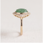 Carved Jade Flower Ring with Scalloped Cubic Zirconia Halo in Two-Tone Gold - Image 4