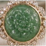 Carved Jade Flower Ring with Scalloped Cubic Zirconia Halo in Two-Tone Gold - Image 9